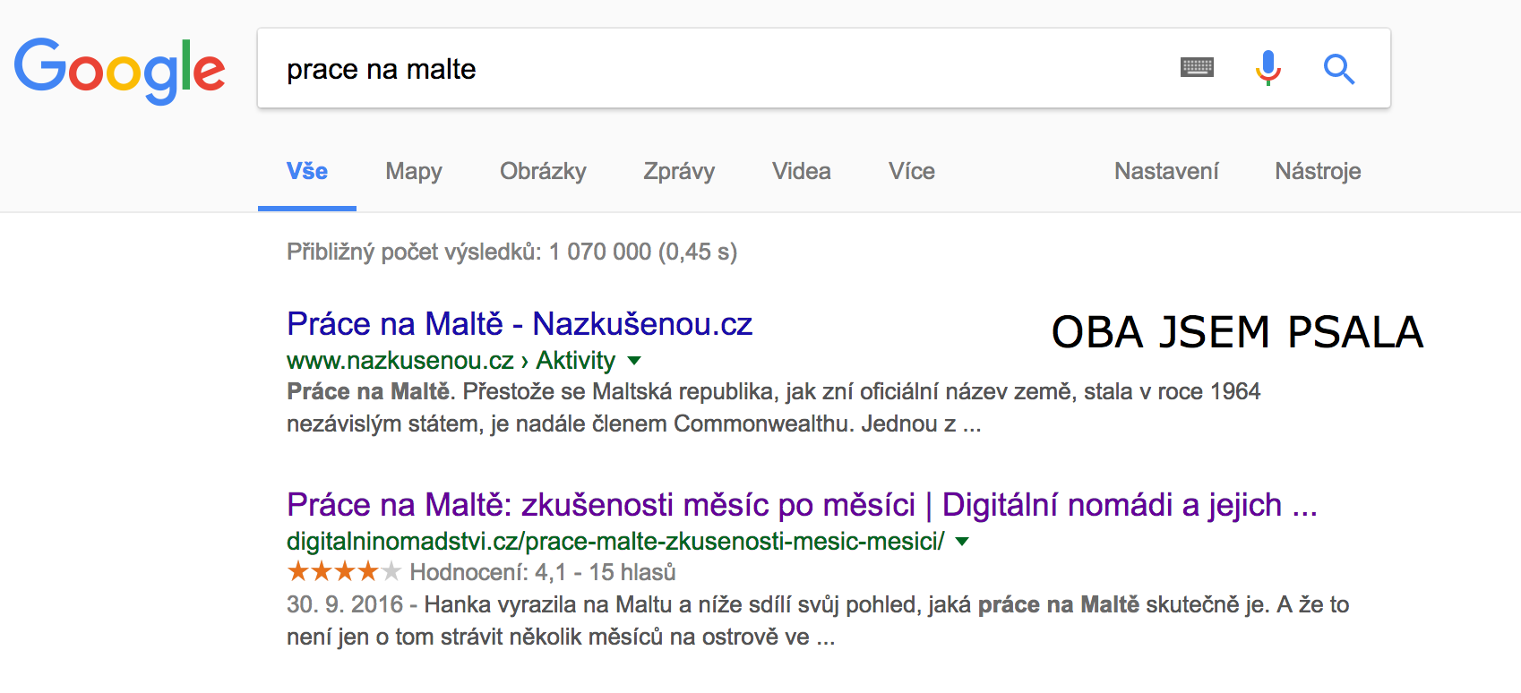 Pozice článku o&nbsp;Maltě v&nbsp;Google