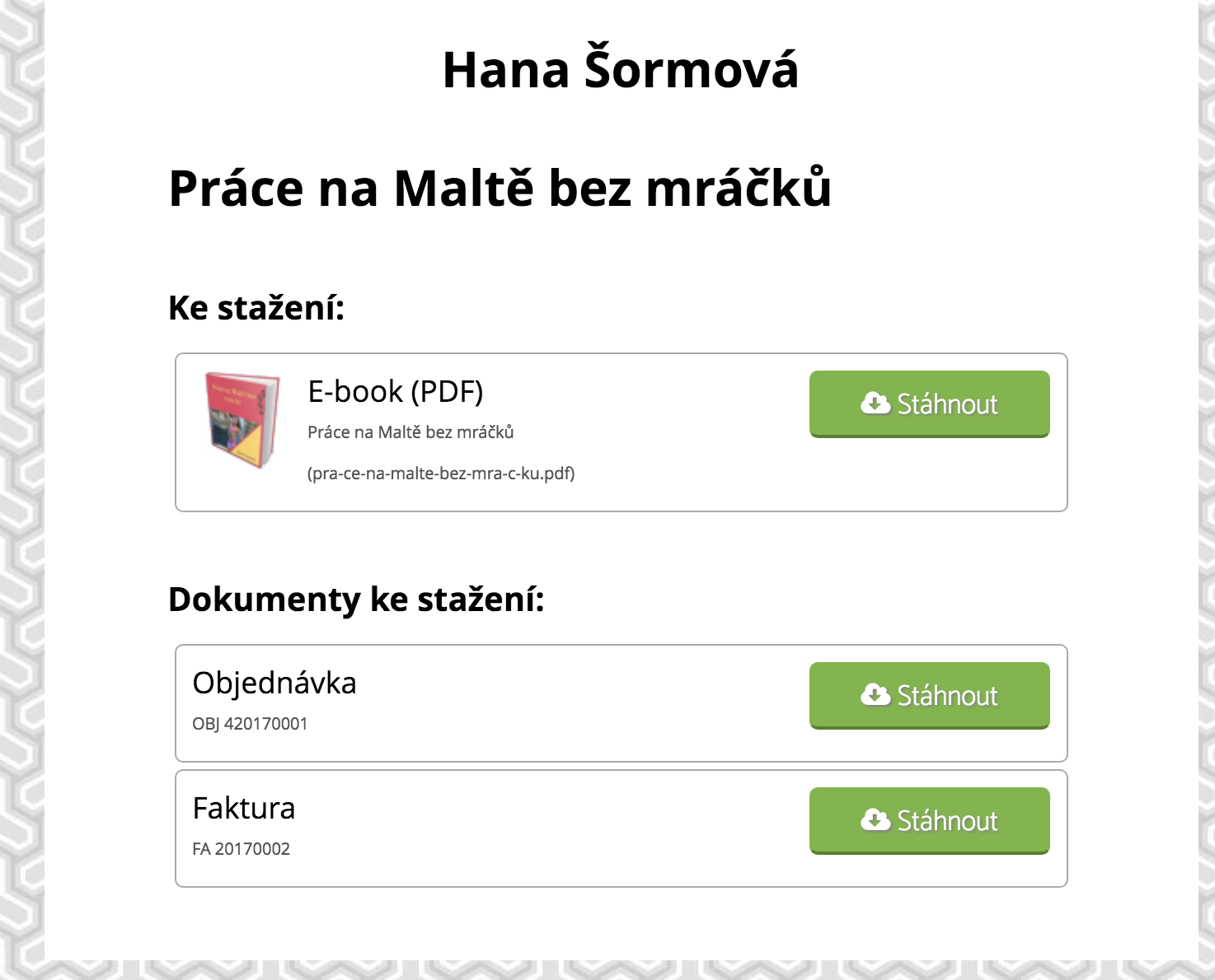 Stránka po prokliku emailu se zakoupeným produktem