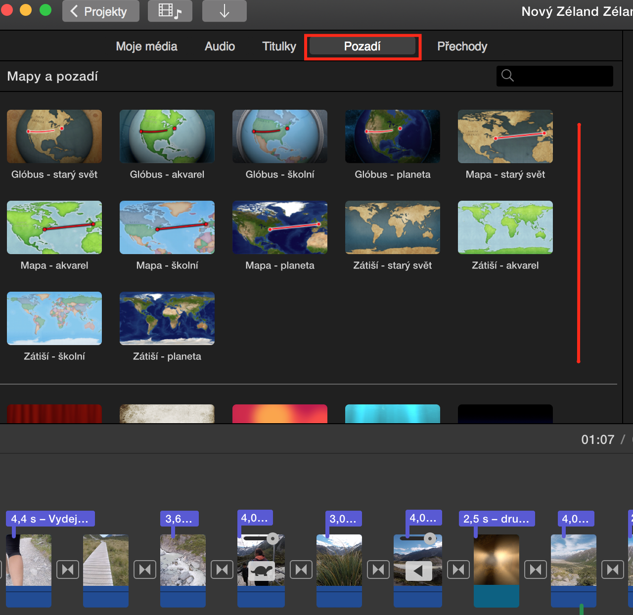 Kde najdu pozadí typu mapa v&nbsp;iMovie