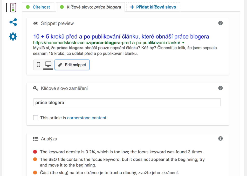 Práce blogera - ukázka Yoast SEO pluginu